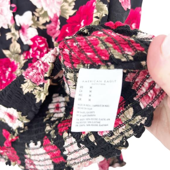 American Eagle Black Floral Long Sleeve Blouse Sz M - Picture 3 of 4
